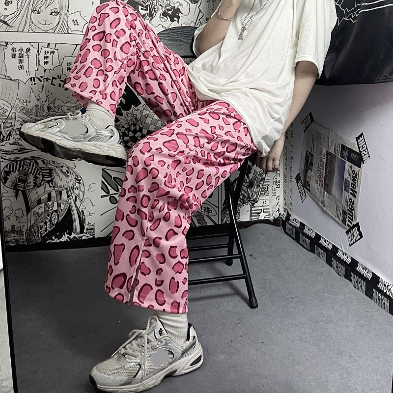 Pink Leopard Printed Wide Leg Loose Pants