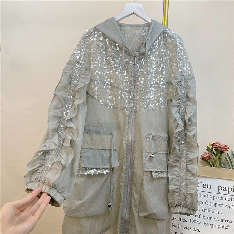 Long Sleeve Mid Length Sequined Transparent Hoodie