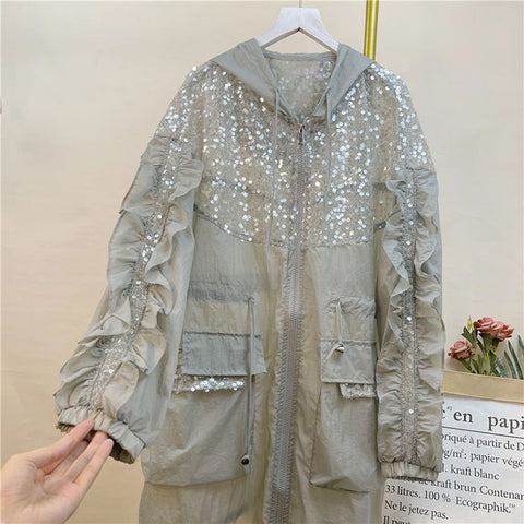 Long Sleeve Mid Length Sequined Transparent Hoodie