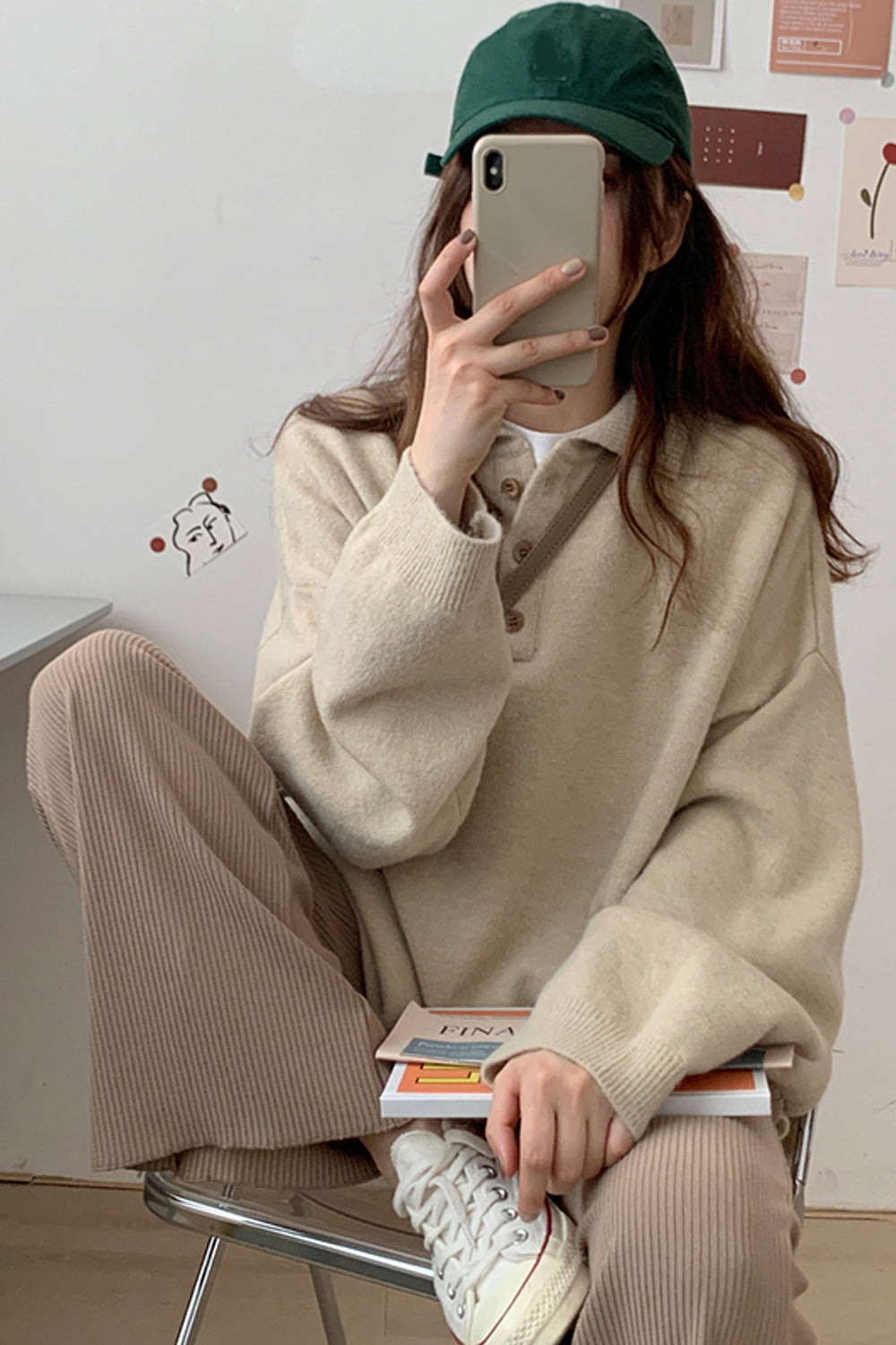 Long Sleeve Turn Down Collar Casual Sweater