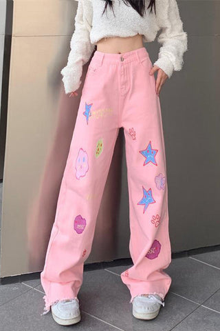 High Waist Cute Cartoon Pattern Long Jeans Pants