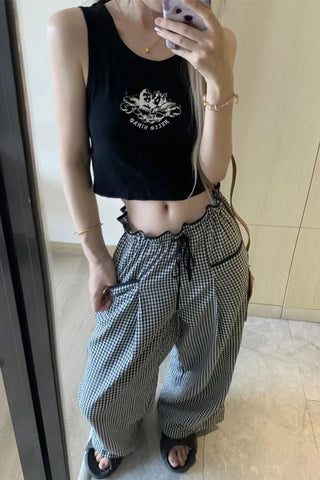 High Waist Loose Sweet Ruffles Plaid Pants