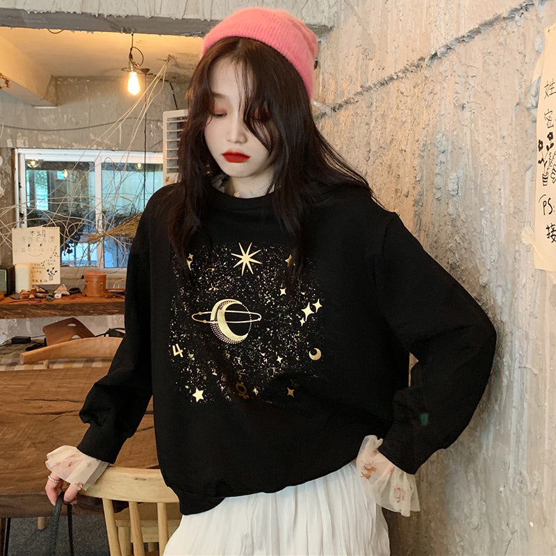 Moon Stars Planet Pattern Casual Sweatshirt