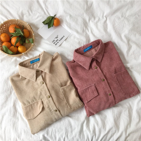 Loose Solid Long Sleeve Corduroy Tops