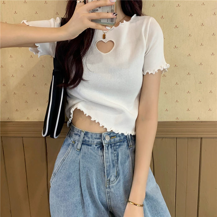Love Hole Pattern Cropped Slim Shirt