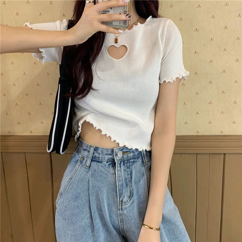 Love Hole Pattern Cropped Slim Shirt