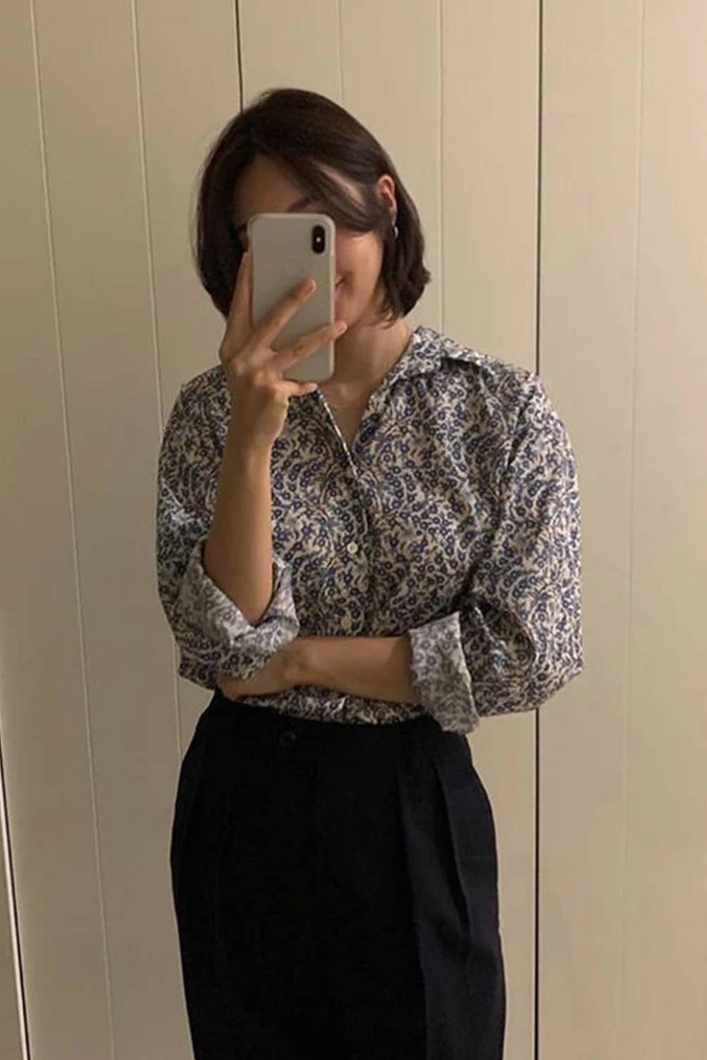 Long Sleeve Blue Floral Casual Blouse Shirt