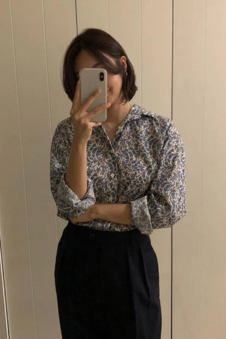 Long Sleeve Blue Floral Casual Blouse Shirt