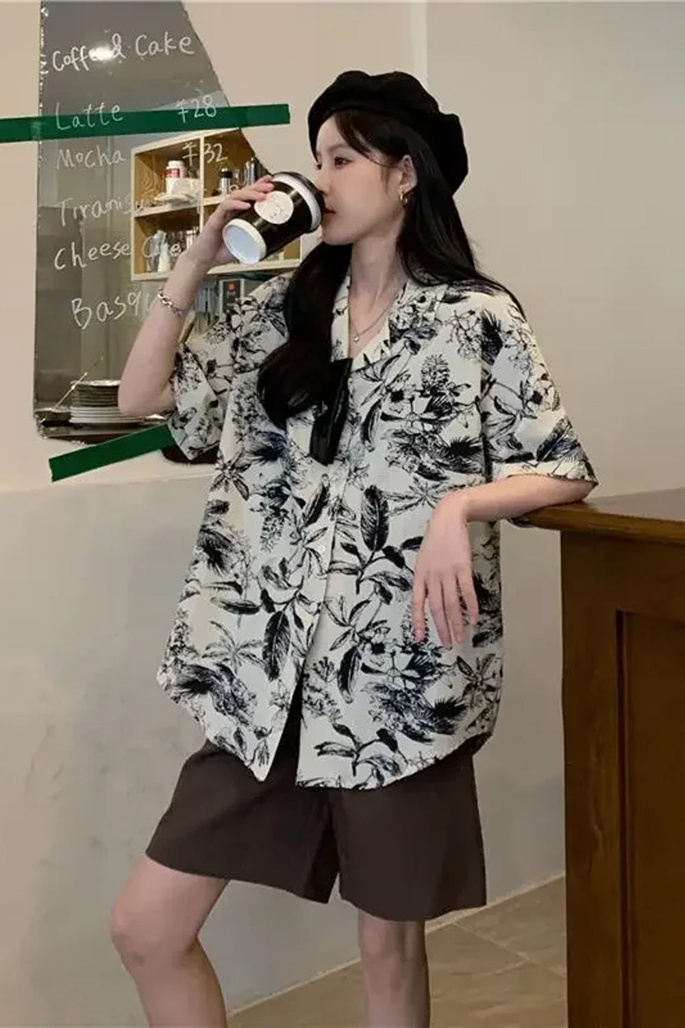 Short Sleeve Black Floral Printed Blouse Shirt