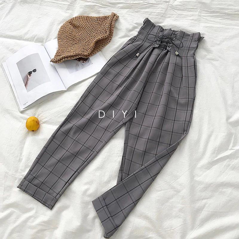 Solid Retro Plaid Lace Up Wide Leg Ankle Length Pants