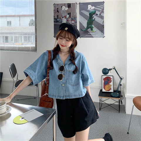 Short Sleeve Notched Collar Denim Shirt