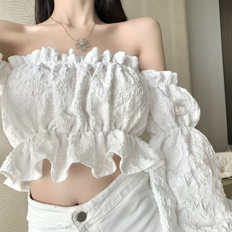 Long Sleeve Sexy Slash Neck Folds Cropped Shirt