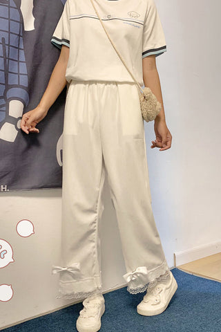 High Waist Sweet Lace Bow Vintage Corduroy Pants