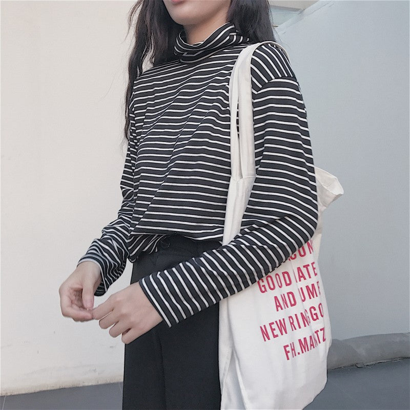 Long Sleeve Casual Black Striped Turtleneck Shirt