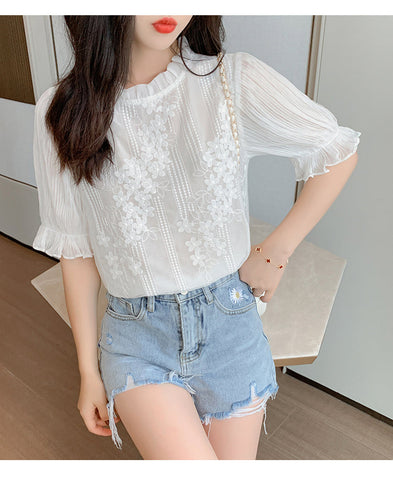 Short Sleeve Embroidery Lace Chiffon Blouse Shirt
