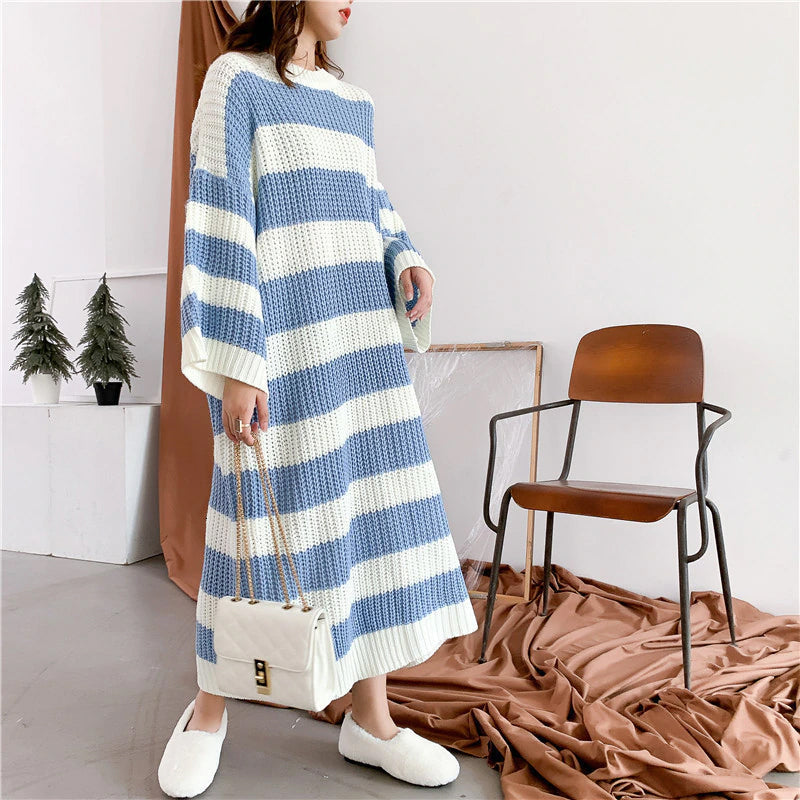 Loose Long Striped Crew Neck Knitted Dress