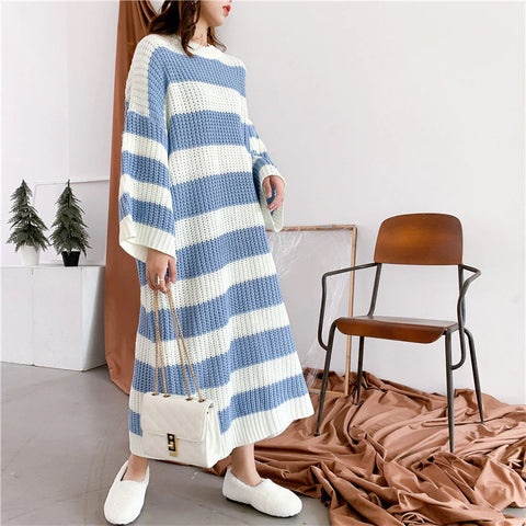 Loose Long Striped Crew Neck Knitted Dress