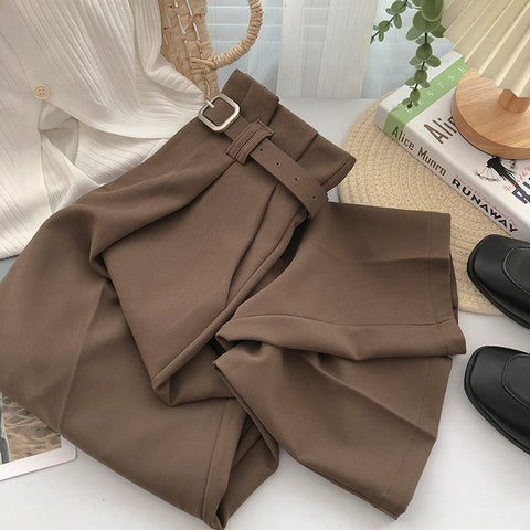 High Waist Belted Loose Office Long Pants