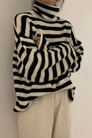 Retro Striped Loose Turtleneck Sweater