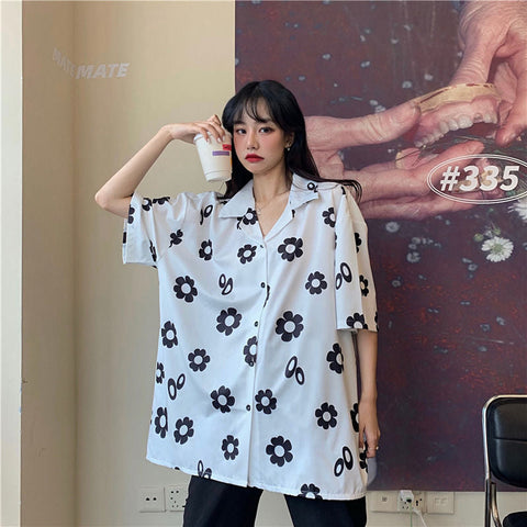 Daisy Flower Printed Loose Blouse Short Sleeve Shirt