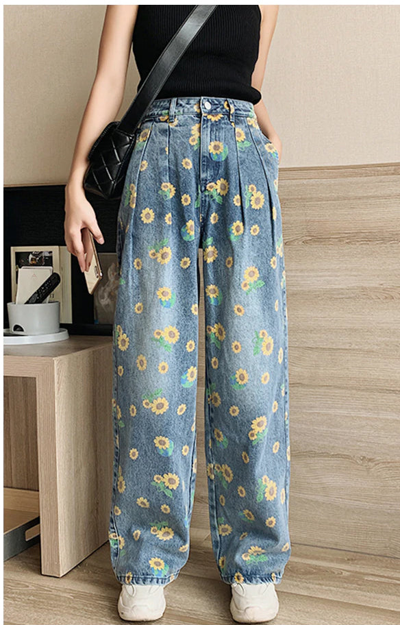 Sun Flower Full Printed Wide Leg Denim Jeans