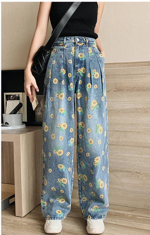 Sun Flower Full Printed Wide Leg Denim Jeans