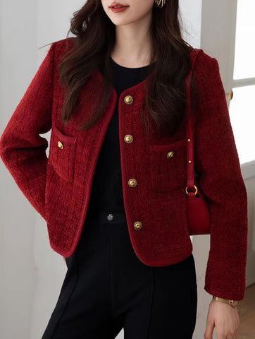 Long Sleeve Wine Red Color Elegant Tweed Jacket