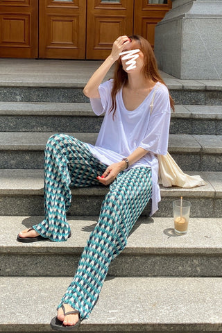 Green Trendy Plaid Wide Leg Loose Pants