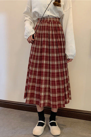 Solid Pleated Plaid Elastic Waist Long Skirts