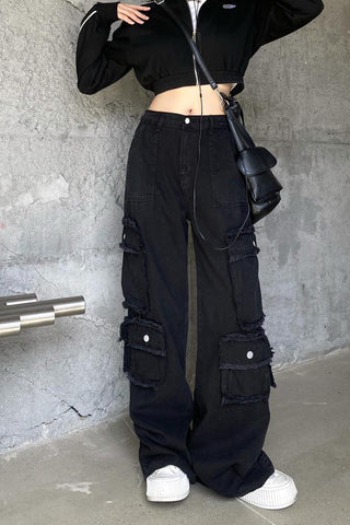 High Waist Cargo Pocket Loose Black Denim Pants