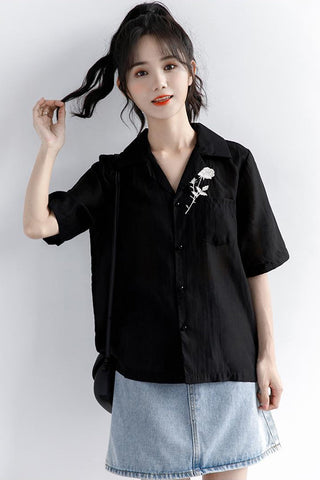 White Rose Embroidered Short Sleeve Blouse Shirt