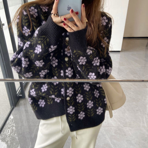 Flowers Knitted Cardigan Sweater