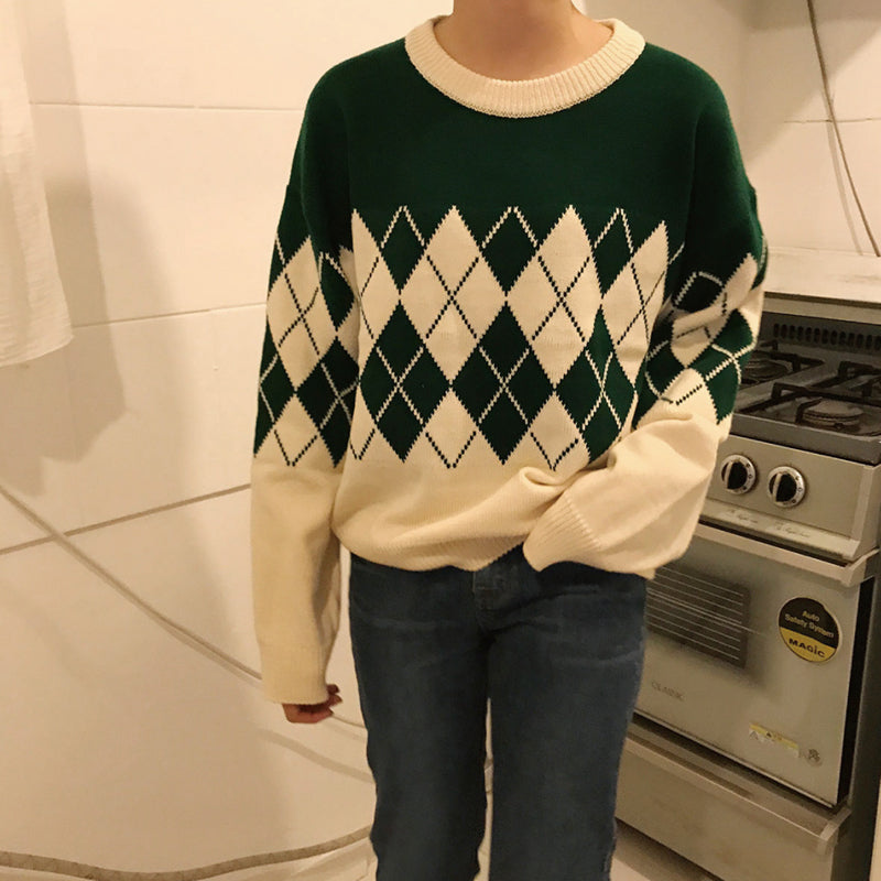 Vintage Rautenmuster Strickpullover