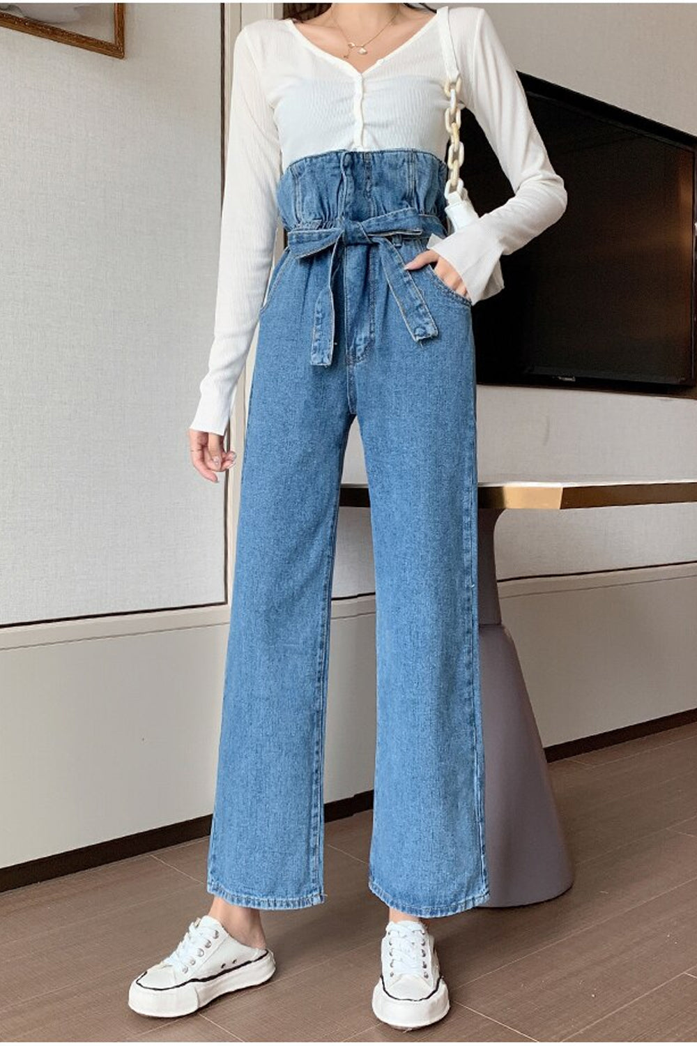 High Waist Belted Tie Loose Ankle Length Jeans