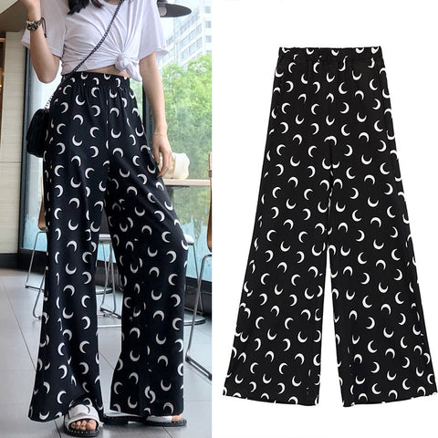 Pantalones casuales de pierna ancha con estampado de luna y cintura alta