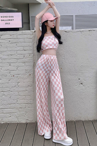 2 Piece Set Plaid Crop Top and Pants Suits