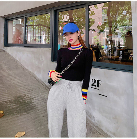 Rainbow Patchwork Turtleneck Knitted Slim Sweater