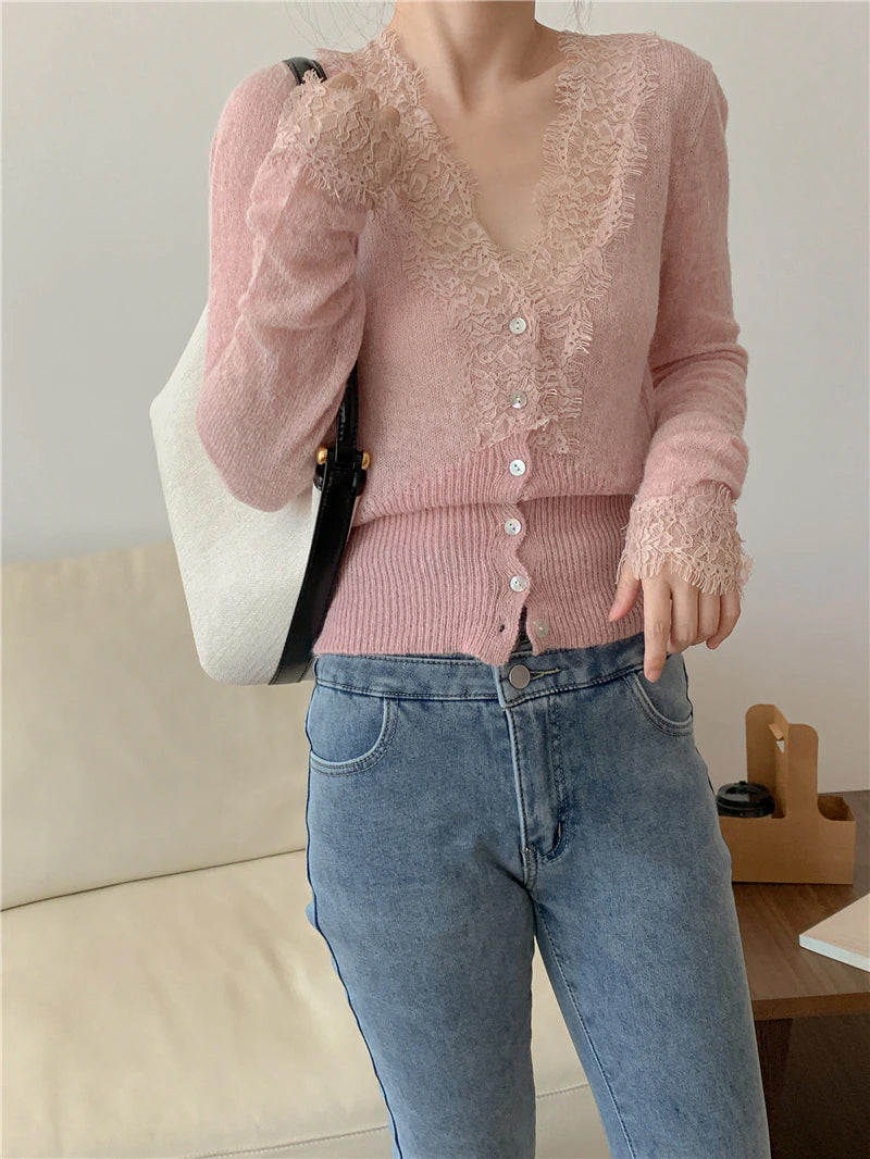 V-Neck Lace Knitted Vintage Sweater