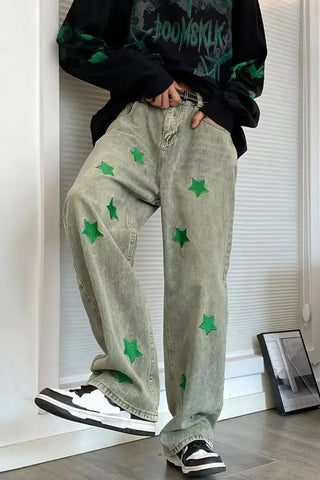 Hip Hop Green Stars Embroidered Jeans Pants