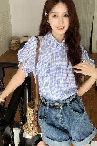 Short Sleeve Plaid Pattern Ruffled Blouse Shirt