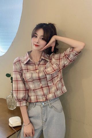 Three Quarter Sleeve Plaid Blouse Crop Top