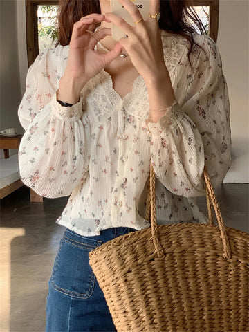 Florals Printed Transparent French Vintage Blouse Shirt