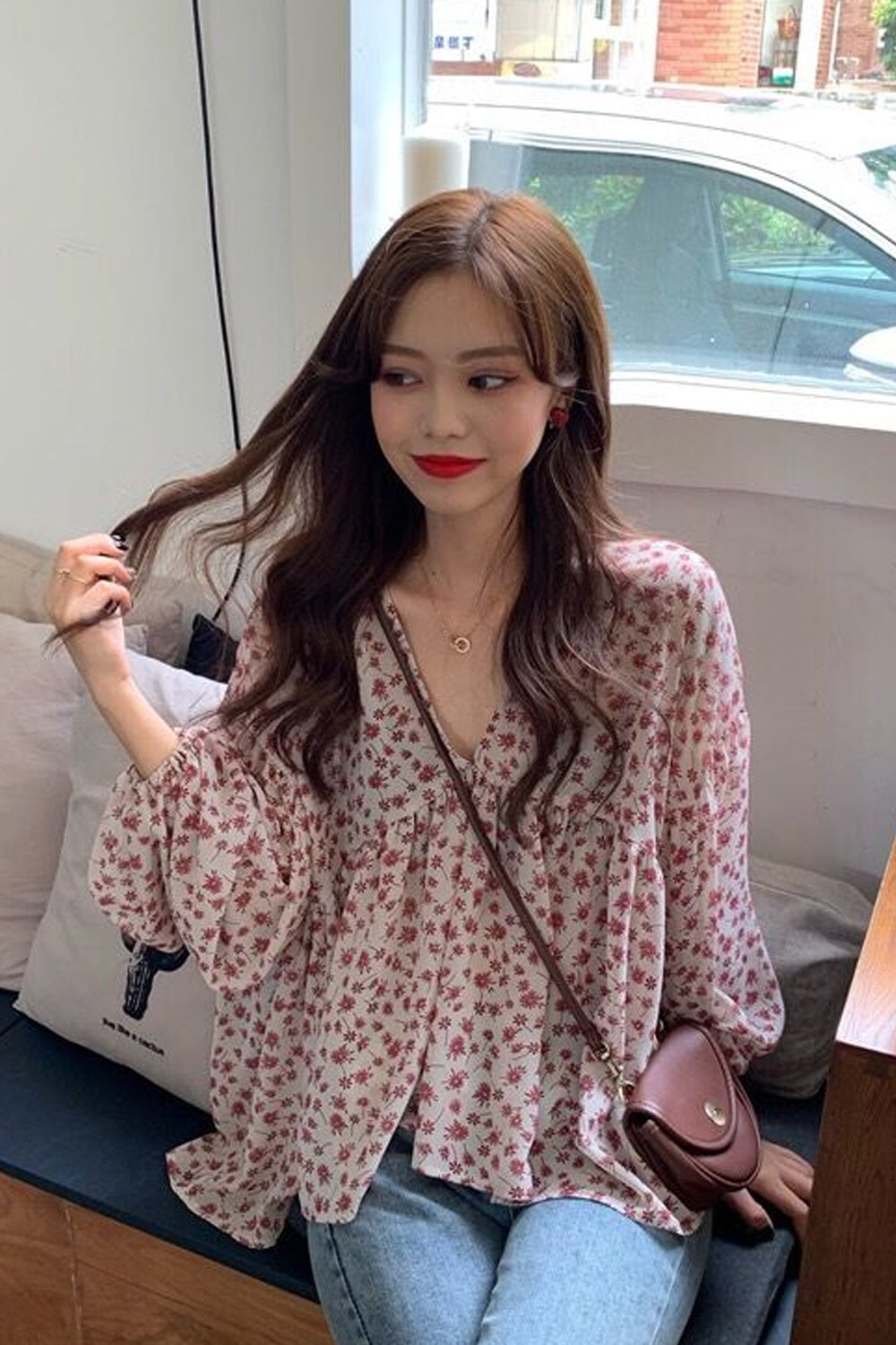 Long Sleeve V-Neck Elegant Flowers Blouse Shirt