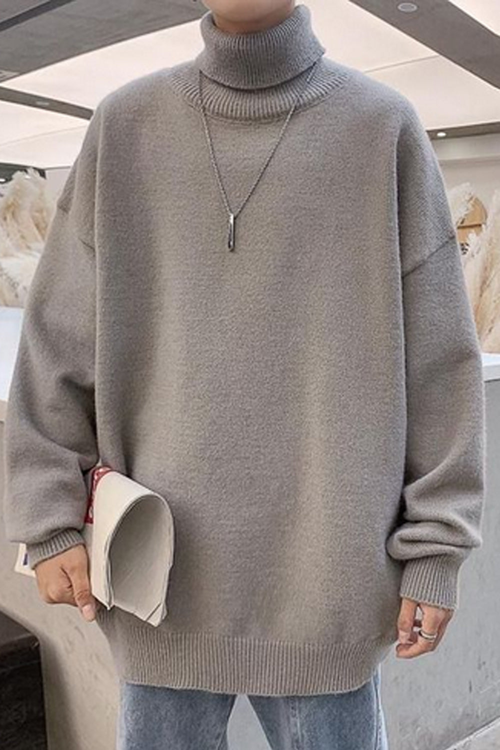 Long Sleeve Loose Turtleneck Solid Men Sweater