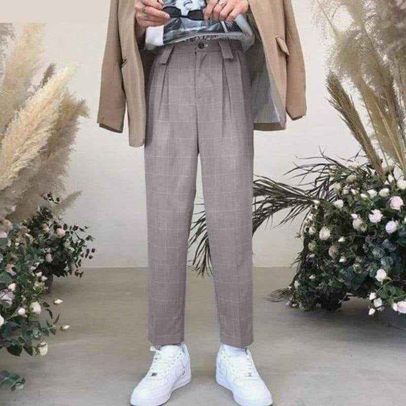 High Waist Casual Plaid Men Ankle Pants