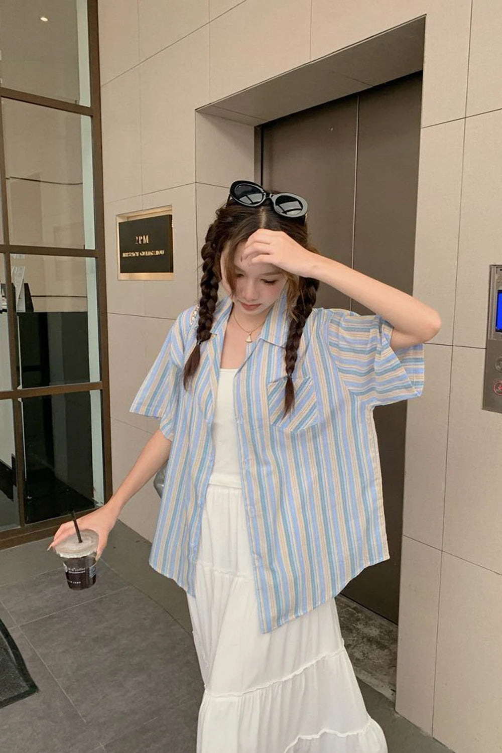 Short Sleeve Blue Striped Vintage Blouse Shirts