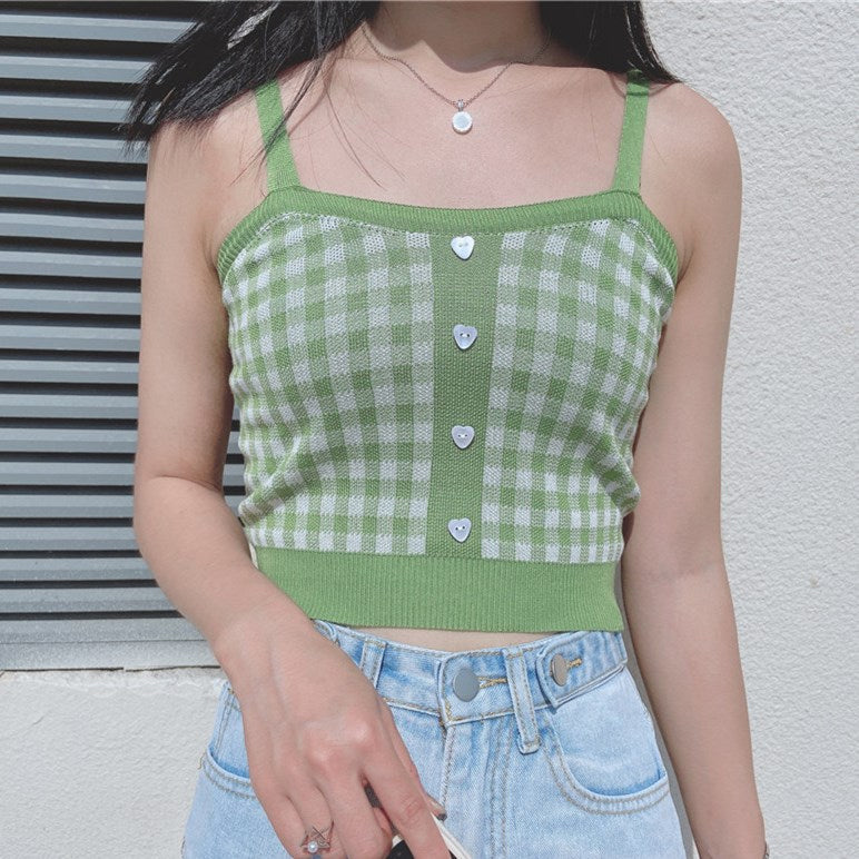 Süßes, kariertes, schmales, gestricktes, kurzes Tanktop 