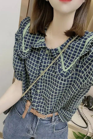Puff Sleeve Peter Pan Collar Design Plaid Shirt