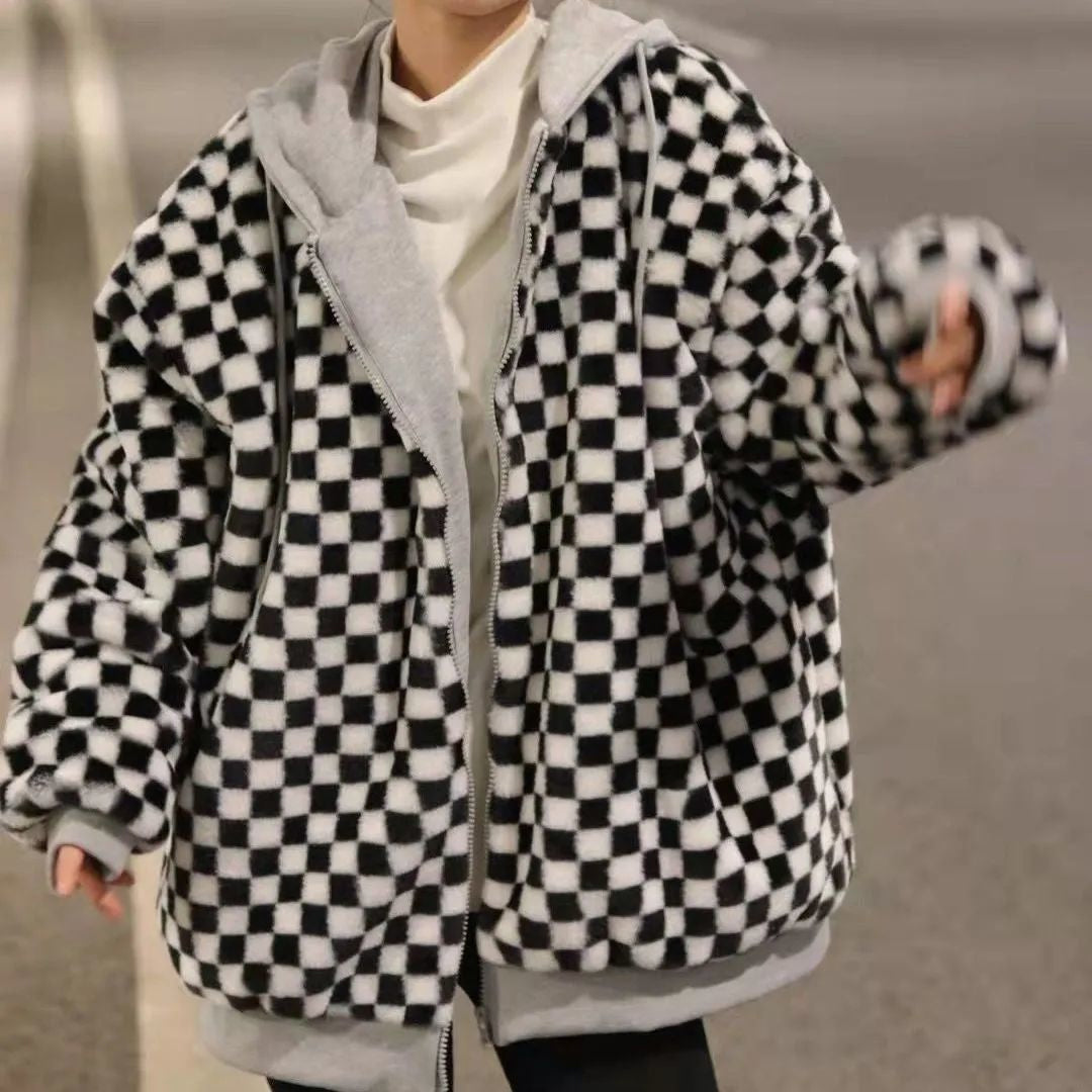 Loose Hooded Plaid Warm Jackets