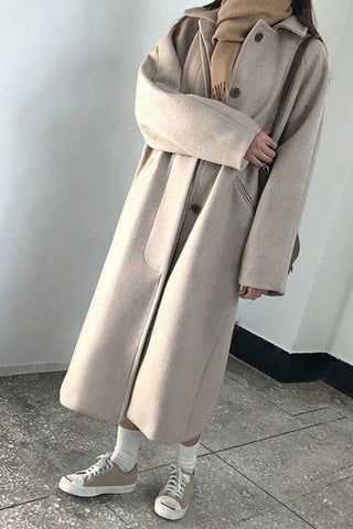 Simple Turn Down Collar Long Woolen Coat